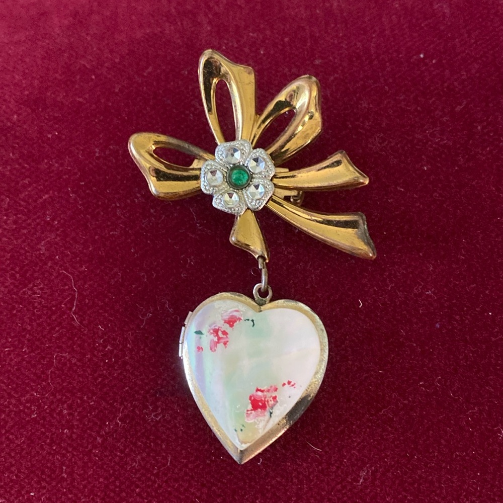 Vintage Bow with Dangling with Painted Roses on Mother of Pearl Heart Locket